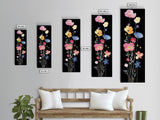 Vibrant Wildflower Watercolor Art - Framed Canvas Print with Black Background Featuring Colorful Poppy and Floral Scene