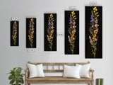 Elegant Wildflower Botanical Art - Framed Canvas Print Featuring Vertical Array of Vibrant Blooms on Dark Background