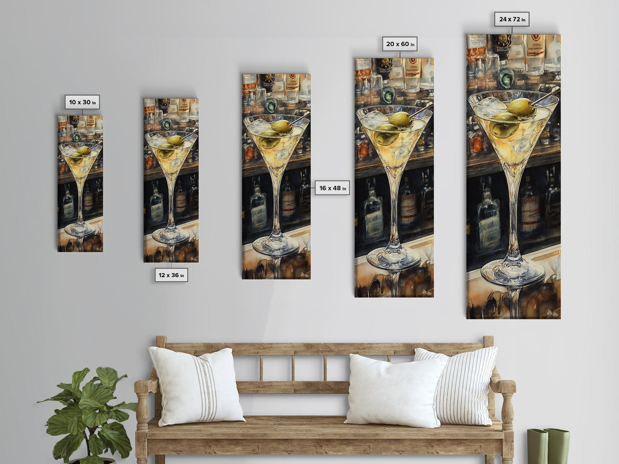 Realistic Martini Glass with Olives, Classic Cocktail Art, Bar Scene Canvas Print, Retro Kitchen Decor, Olive Martini Painting