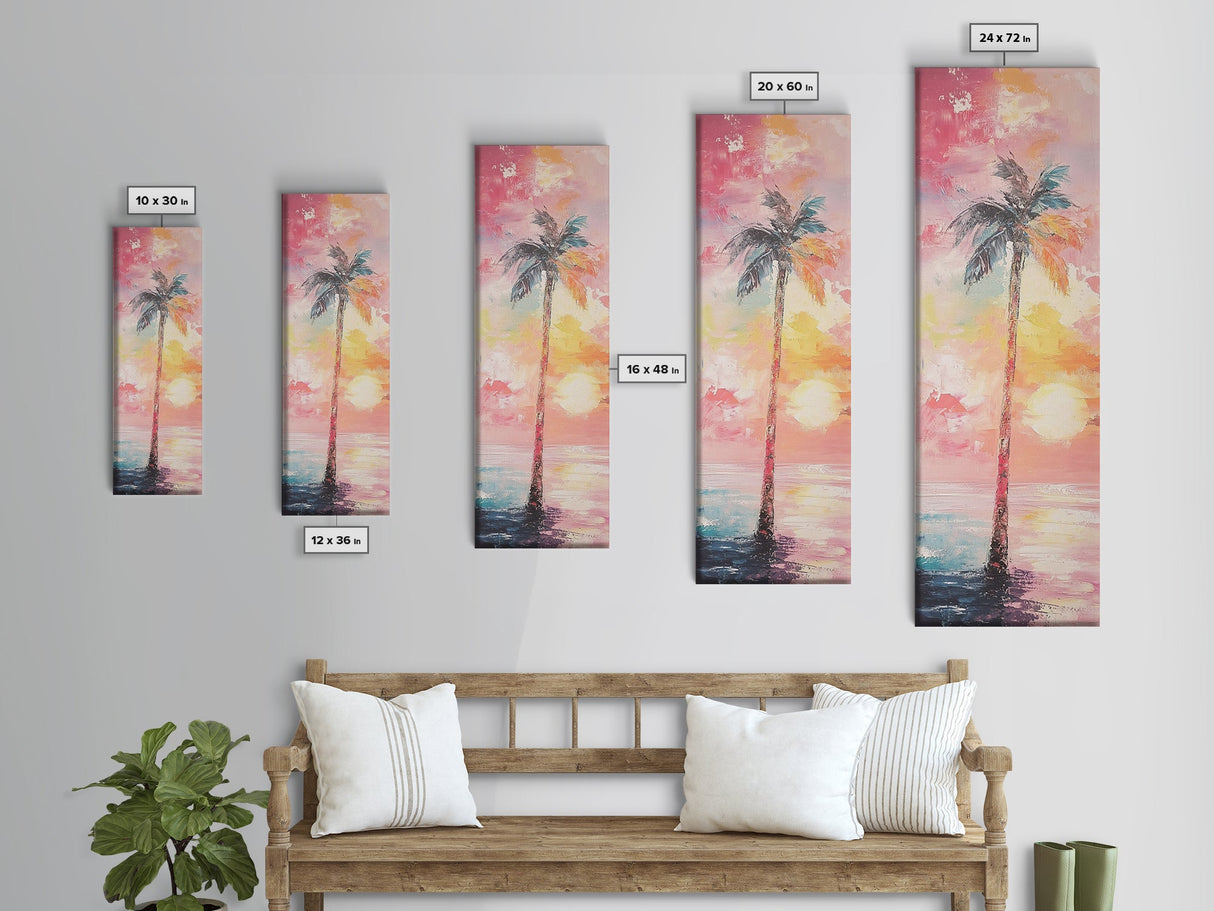 Palm Tree at Sunset Framed Canvas Print, Coastal Oil Painting, Coastal Decor, Tall Narrow Art, Accent Piece Wall Art, Coastal Landscape Art
