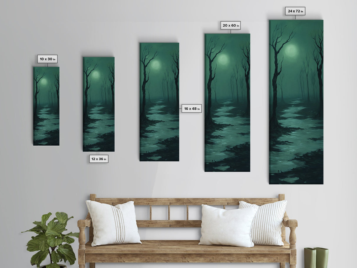 Framed Canvas Print of Forest at Dusk Painting in Teal, Moody Art, Dark Romance Painting, Above Bed Wall Art, Tall Narrow Art, Unique Gift Idea