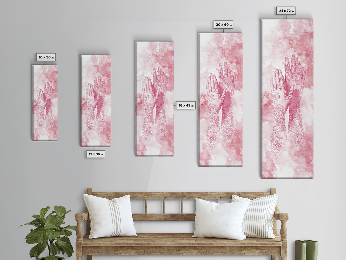 Elegant Mehndi Hand Art Framed Canvas Print - Light Pink Wall Art, Botanical Prints, Whimsical Art, Yoga Art, Gift Idea Her, Bedroom Decor