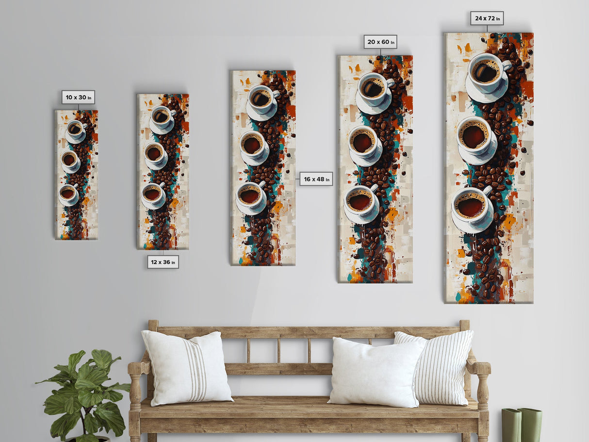 Espresso Cups Vertical Framed Canvas Print Coffee Wall Art Kitchen Long Narrow Rustic Farmhouse Art Living Room Decor