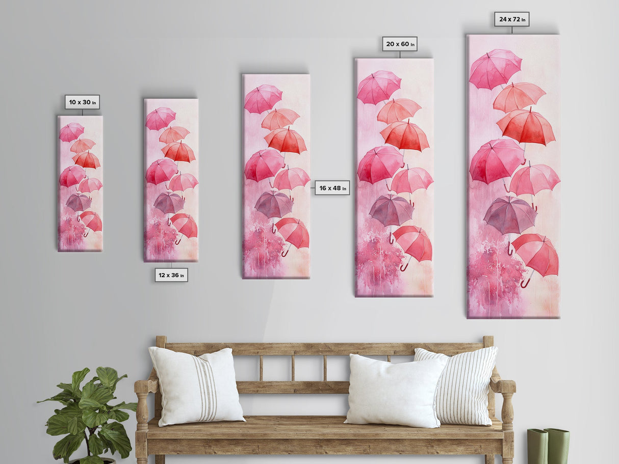 Light Pink Umbrella Canvas Print Above Sofa Art Long Narrow Wall Art Whimsical Art Cherry Blossom Painting Pink Abstract Art Vertical