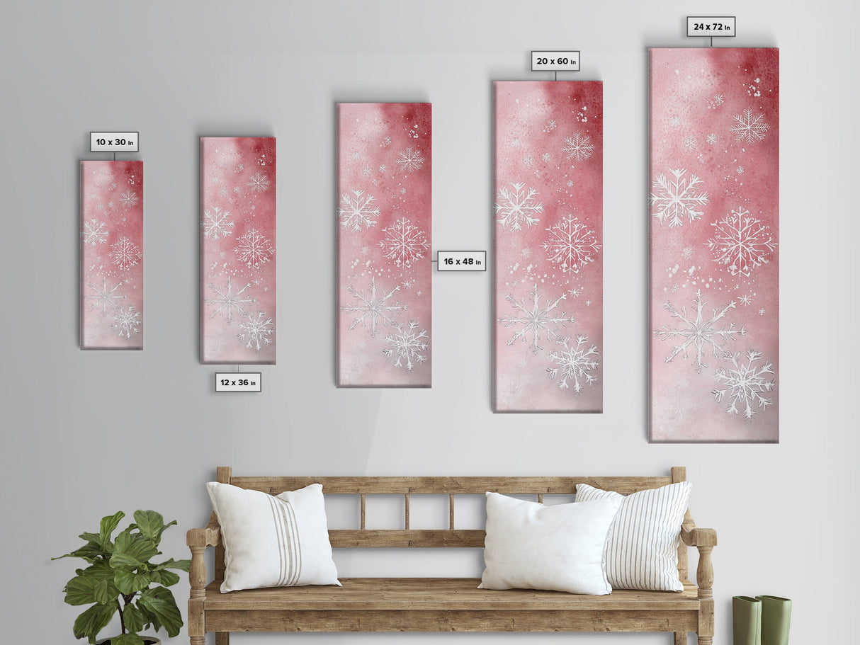 Snowflake Canvas Print Christmas Light Pink Art Whimsical Skinny Wall Art Vertical Art Winter Decor Living Room Rustic Guest Room