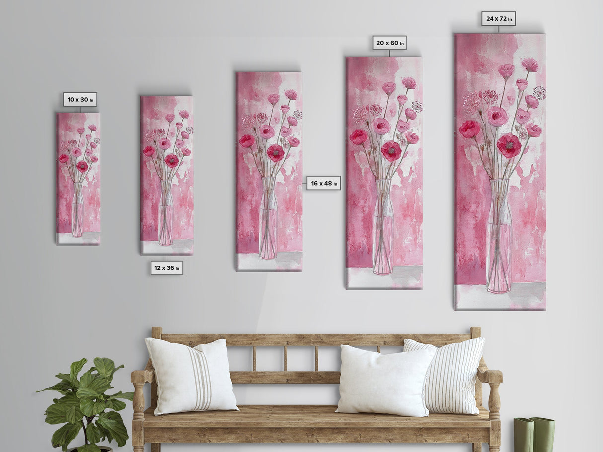 Wildflower Bouquet Framed Canvas Print Pink Poppy Painting Tall Skinny Art Living Room Above Sofa Rustic Guest Room Floral Wall Art