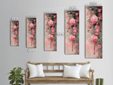 Lantern Glow Canvas Print, whimsical Moroccan wall art with light pink tones and floral accents, tall skinny vertical wall art piece.