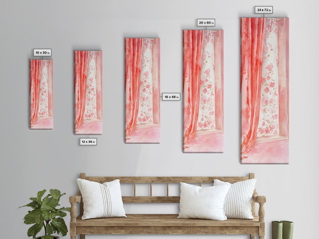 Curtain Reflection Canvas Print, soft floral vintage curtain painting with romantic pink tones, elegant tall skinny wall art for bedroom.