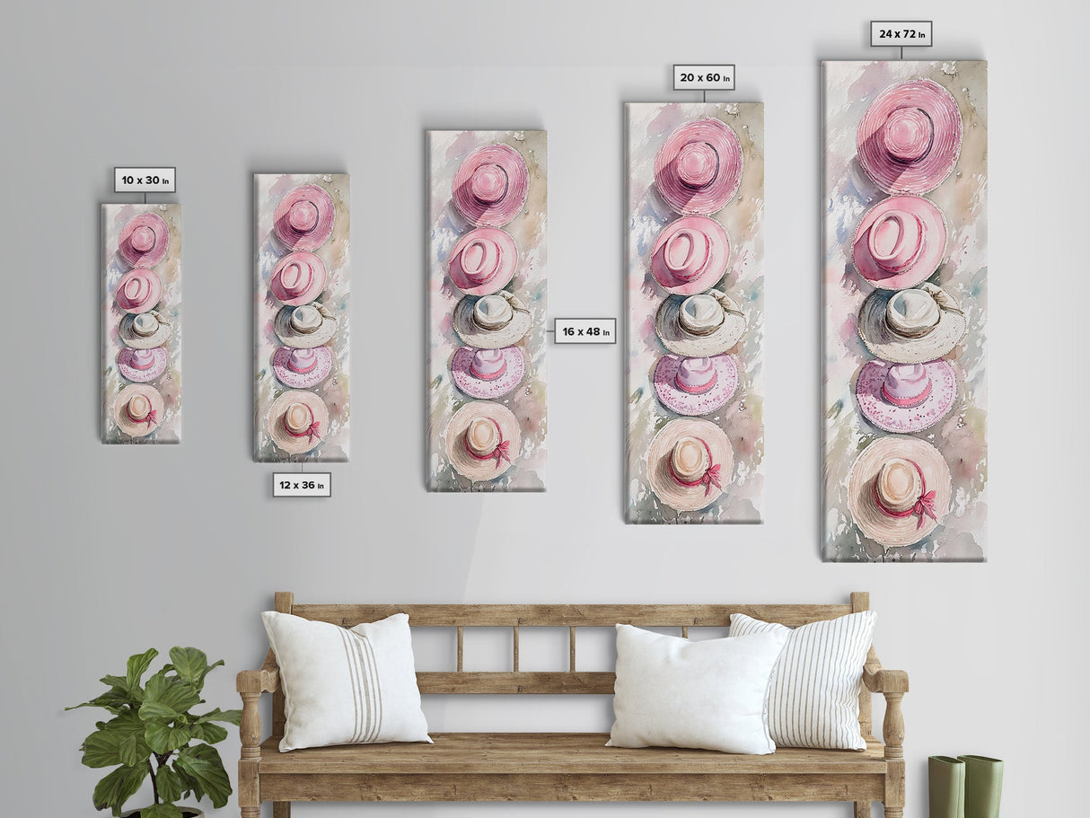 Summer Hats Canvas Print, coastal cowgirl wall art with pastel pink and beige hat patterns, rustic vertical wall art for living spaces.
