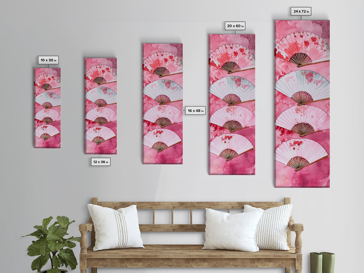 Elegant Fans Canvas Print - Chinoiserie Style Long Narrow Wall Art, Vintage-Inspired Pink Artwork, Skinny Vertical Painting
