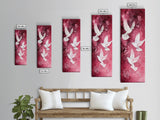 White Doves Canvas Print - Angel Art Prints on Burgundy Background, Symbolic Bird Art, Light Pink Abstract Vertical Wall Decor