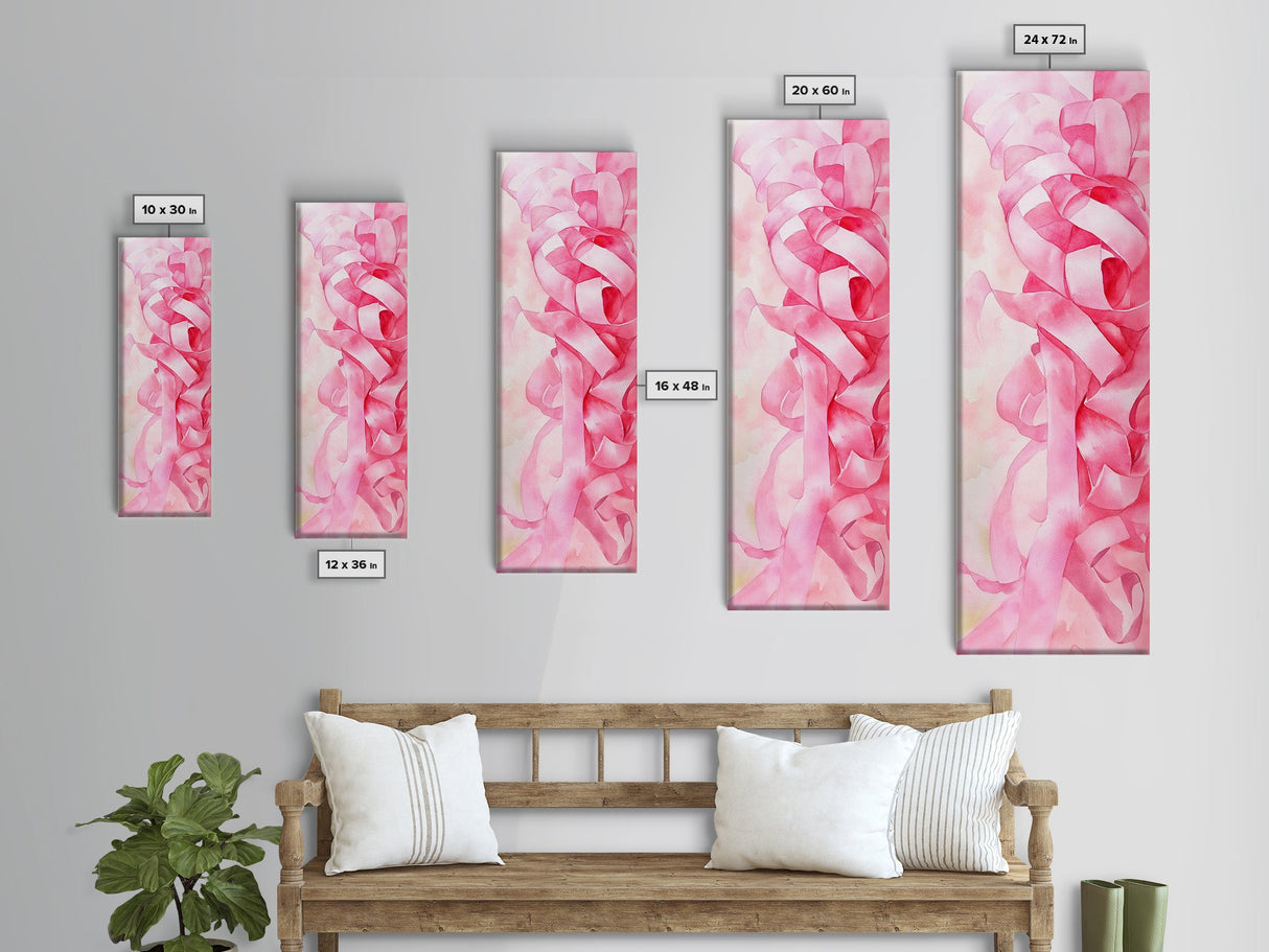 Pink Ribbons Canvas Print Abstract Feminine Wall Art Whimsical Vertical Decor Skinny Boho Gift Idea Light Pink Aesthetic