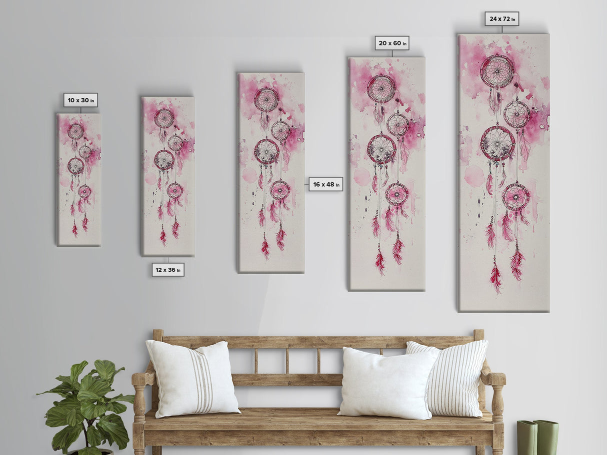 Dreamcatcher Pink Feathers Framed Canvas Print Boho Wall Art Minimalist Long Narrow Art Bedroom Decor Vertical Dorm Wall Art