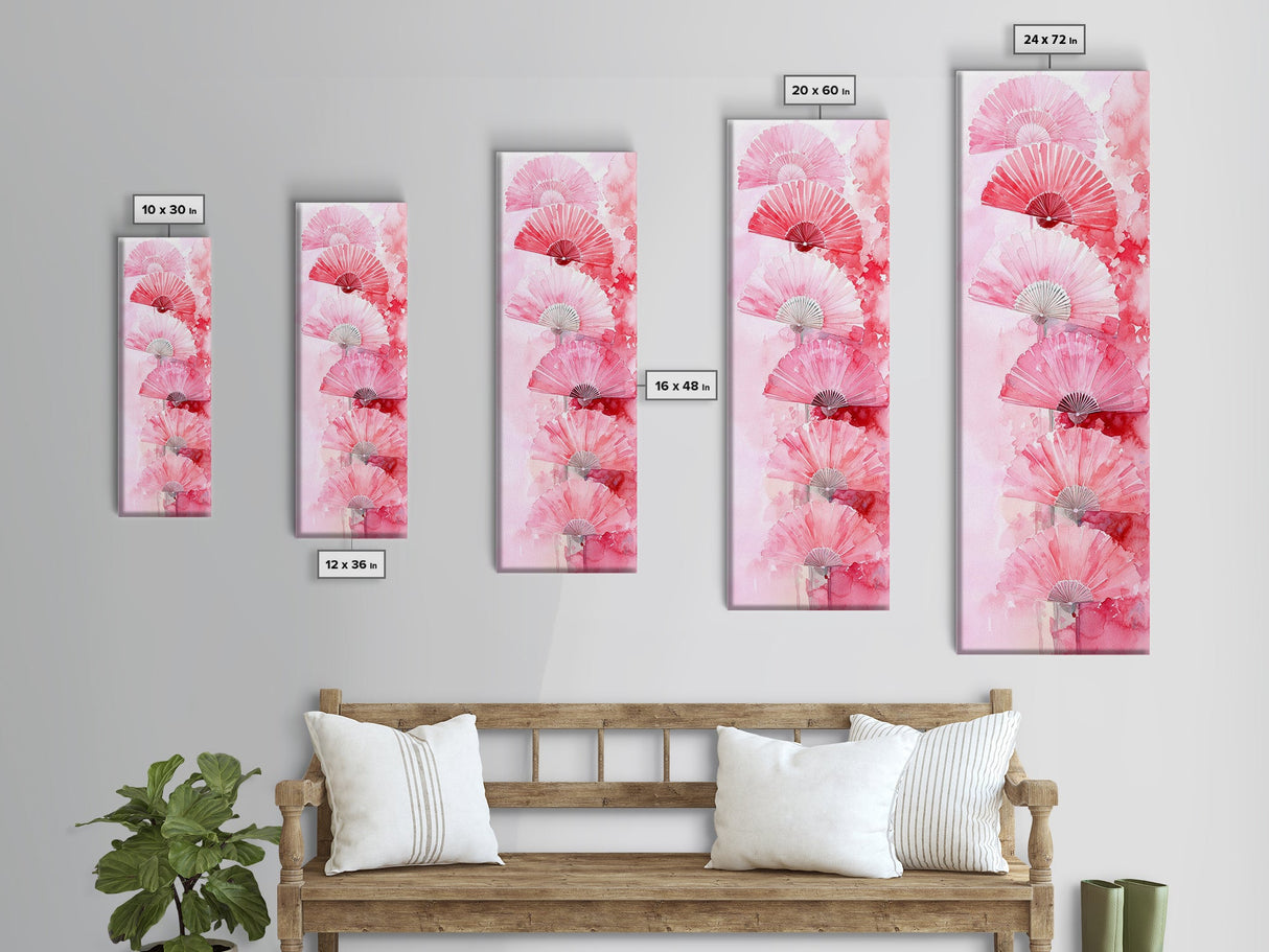 Elegant Hand Fans Framed Canvas Print Chinoiserie Wabi Sabi Wall Art Vertical Pink Decor Skinny Tall Art Light Pink Wall Art