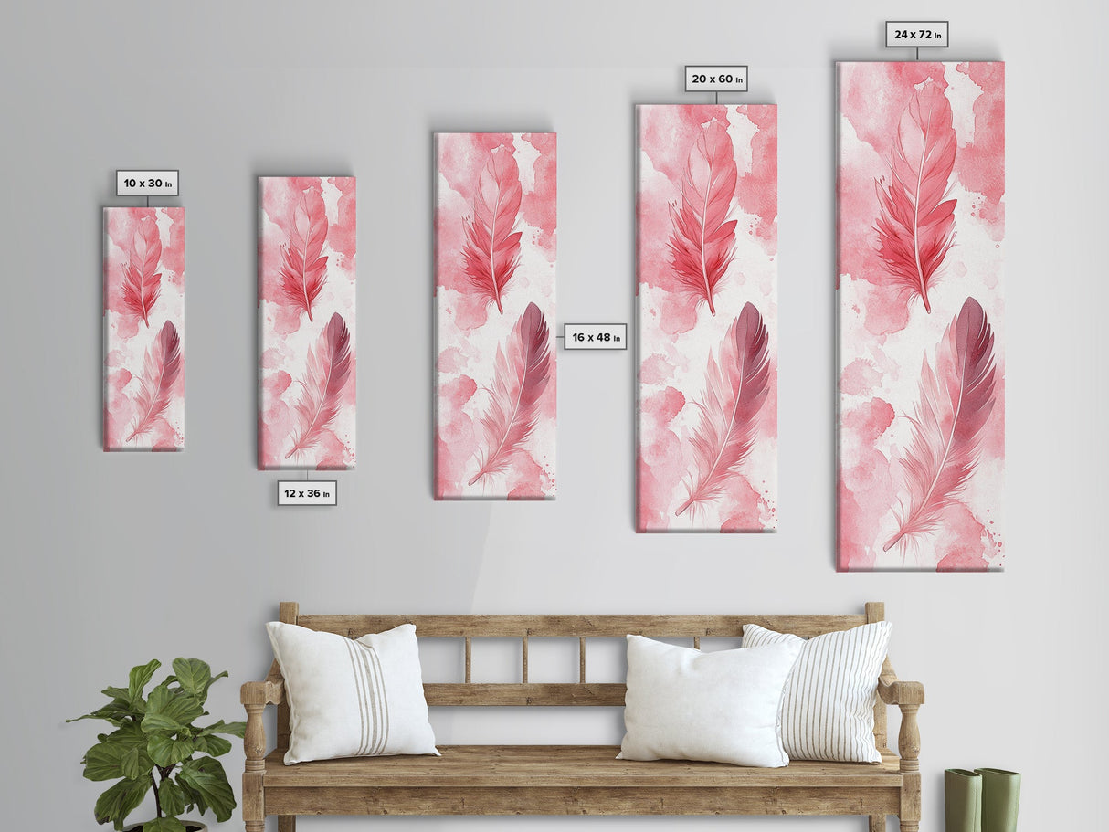 Elegant Feather Art Framed Canvas Print Boho Wabi Sabi Decor Vertical Wall Art Minimalist Feather Design Light Pink Wall Art
