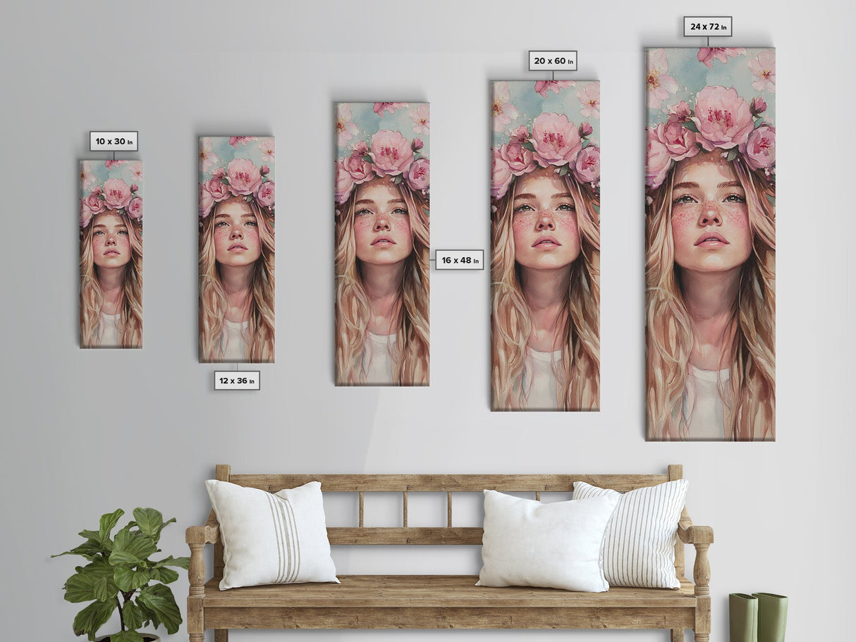 Floral Goddess Portrait Canvas Print Cherry Blossom Painting Feminine Art Bedroom Decor Light Pink Vertical Artwork Boho