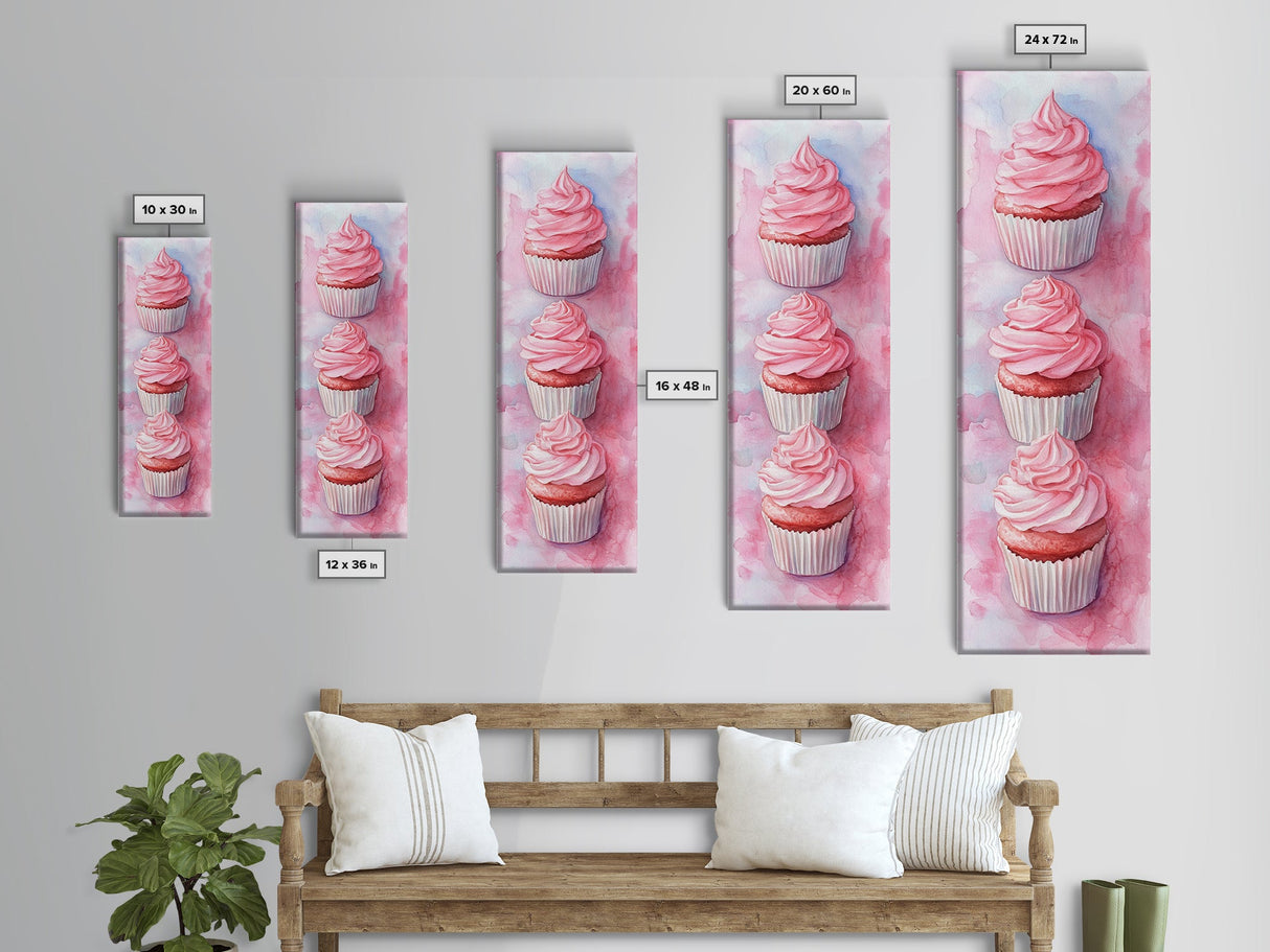 Pink Cupcake Trio Canvas Print, Whimsical Kitchen Art, Rustic Light Pink Wall Art, Food Review Vertical Artwork, Gift Idea For Her