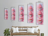 Pink Cupcake Trio Canvas Print, Whimsical Kitchen Art, Rustic Light Pink Wall Art, Food Review Vertical Artwork, Gift Idea For Her
