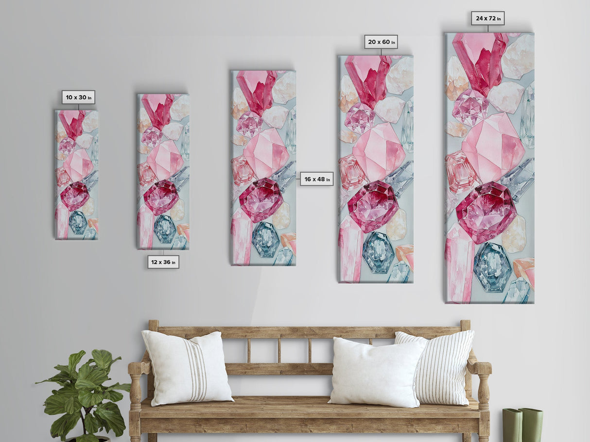 Gemstone Watercolor Painting Framed Canvas Print, Whimsical Pink Abstract Wall Art, Geometric Skinny Vertical Bedroom Art