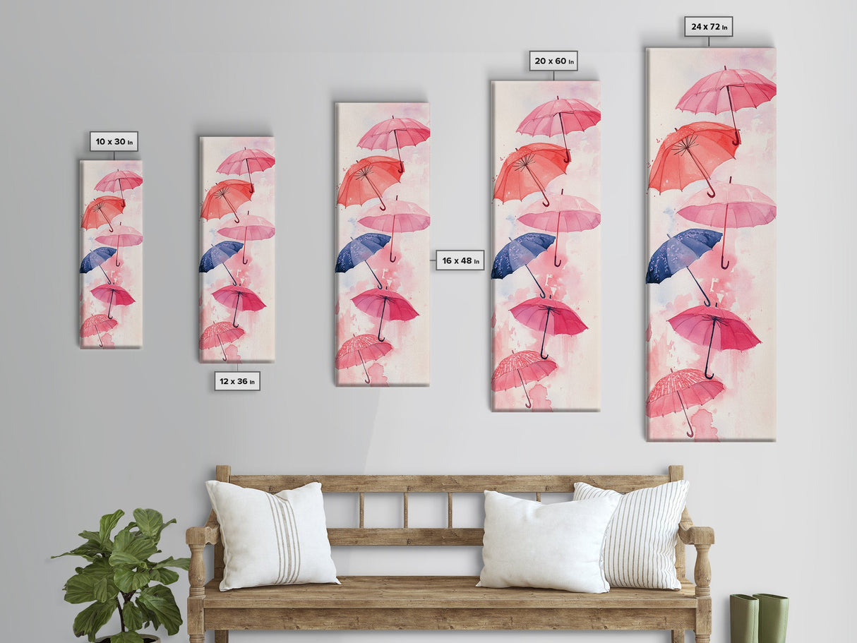 Vibrant Umbrellas Framed Canvas Print in Pink Orange Wall Art Style Perfect Whimsical Vertical Art for Dorm or Playful Decor