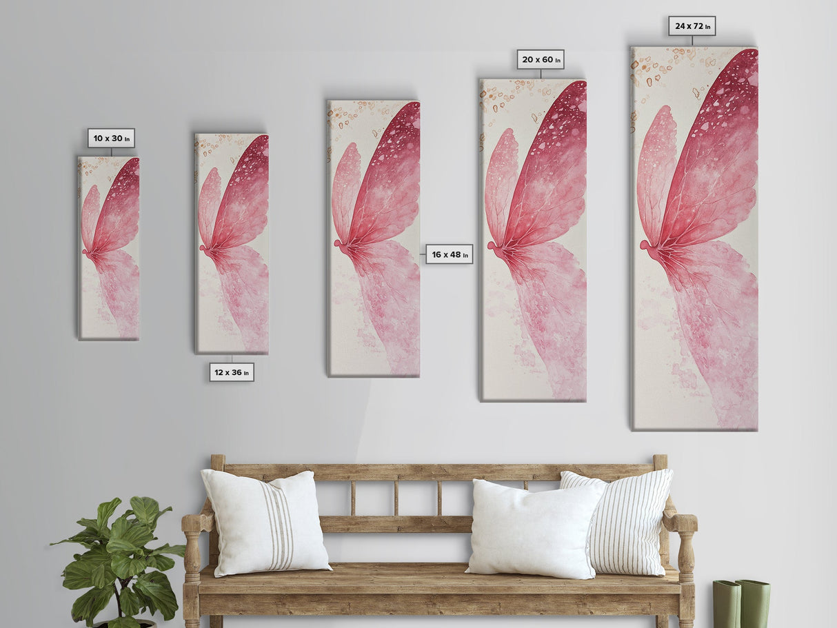 Pink Butterfly Whimsical Art Framed Canvas Print, Cherry Blossom Painting with Light Pink Abstract Style, Minimalist Vertical Wall Art