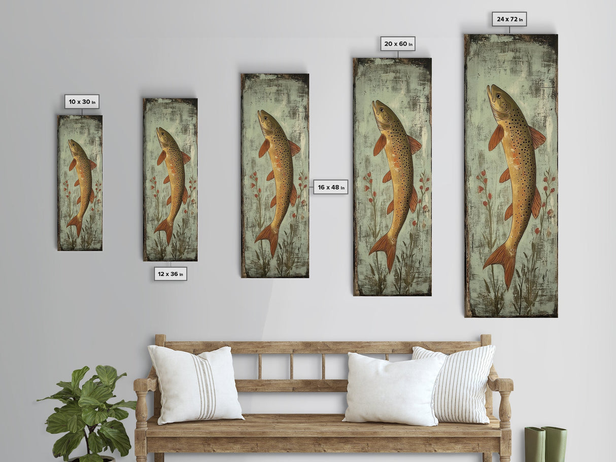 Trout Art Rustic Framed Canvas Print Skinny Vertical Art Fly Fishing Art Rustic Decor Tall Narrow Art Guest Room Wall Decor