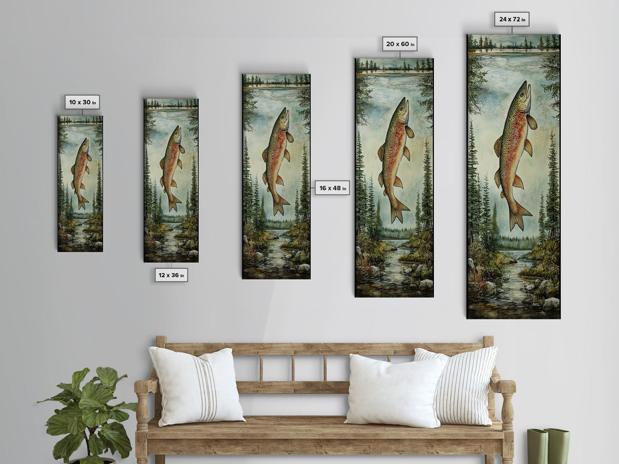 Trout In Mountain Scene Framed Canvas Print Rustic Landscape Art Fly Fishing Wall Art Skinny Wall Art Tall Vertical Decor
