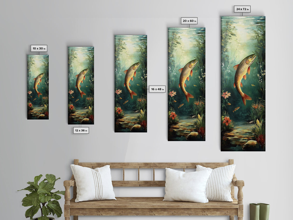 Underwater Trout Scene Canvas Print Rustic Wall Art Fly Fishing Art Wildflower Painting Skinny Art Vertical Rustic Decor
