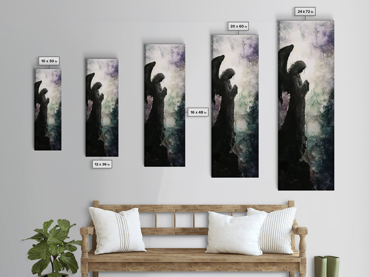 Praying Angel Silhouette Framed Canvas Print Angel Art Prints Gothic Wall Art Moody Art Vertical Living Room Spiritual Decor