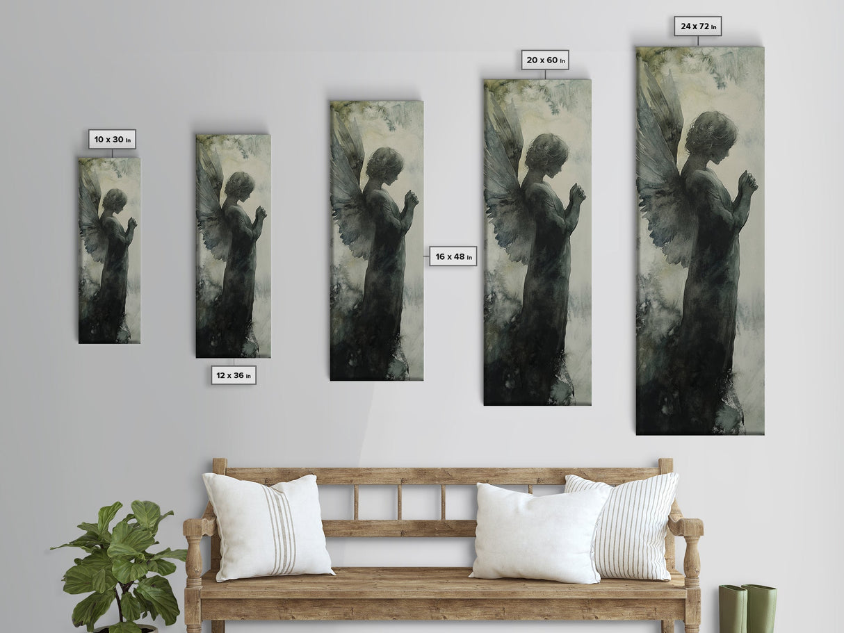 Watercolor Angel Canvas Print with Elegant Moody Design, Dark Angels Wall Art Gift Idea, Vertical Bedroom Zen Art Piece