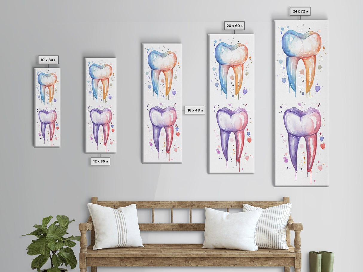 Watercolor Teeth Canvas Print, Dentist Office Vertical Wall Art, Vibrant Dental Art Print for Gift Ideas