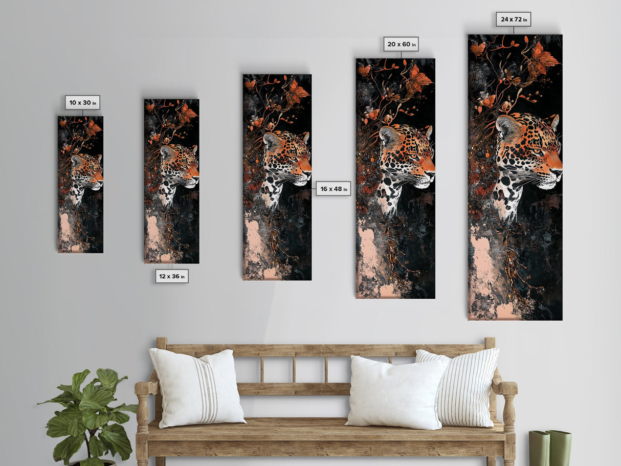 Floral and Leopard Canvas Print with Moody Art Style, Unique Animal Wall Art and Vertical Skinny Art Living Room Decor