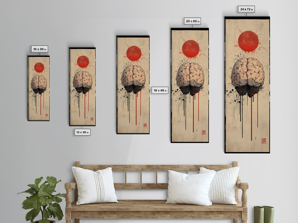 Red Sun Brain Framed Canvas Print, Abstract Science Wall Art, Moody Therapy Artwork, Vertical Wabi Sabi Decor, Living Room Art