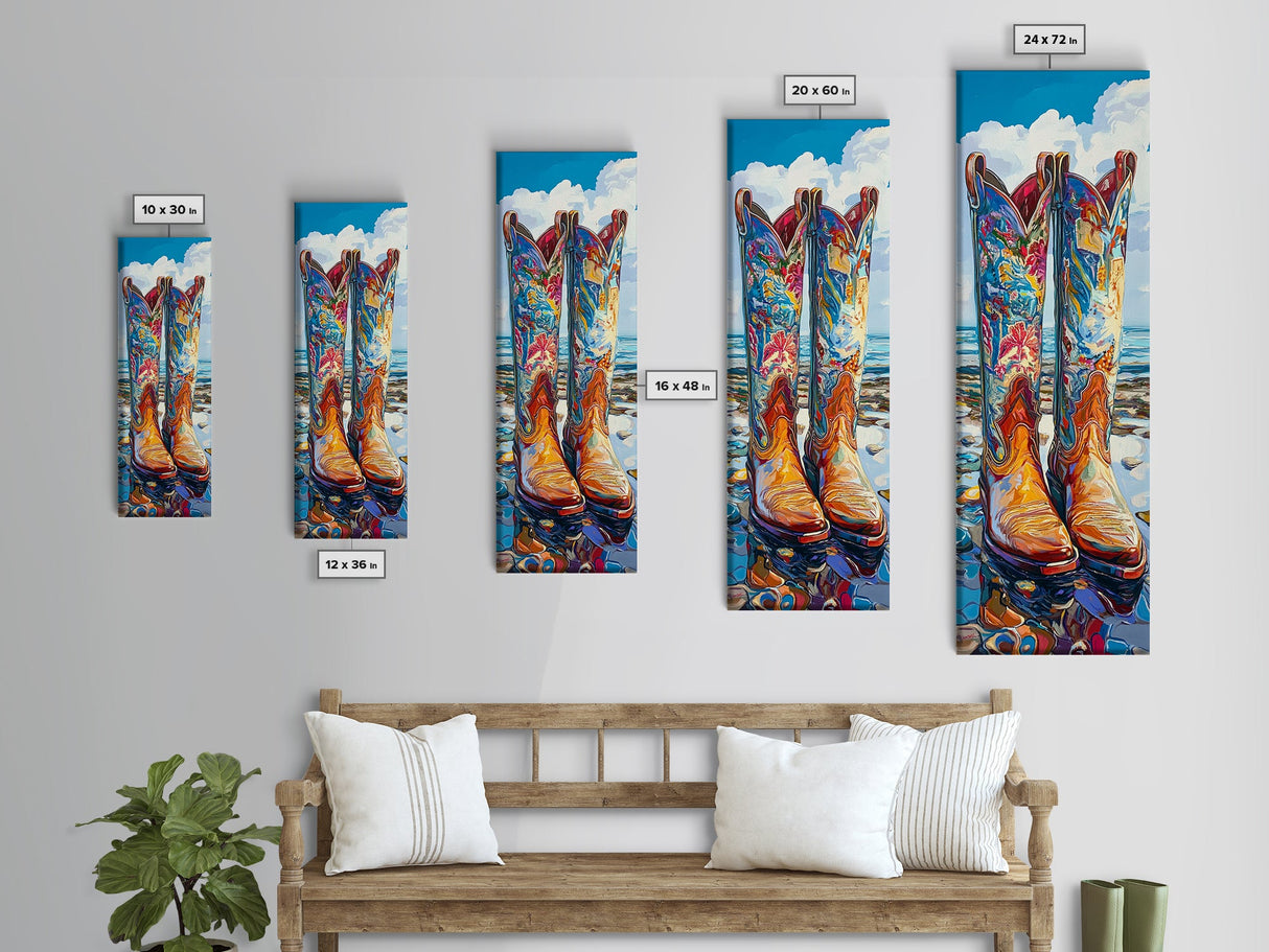 Vibrant Western Boots Framed Canvas Print, Coastal Cowgirl Artwork, Farmhouse Rustic Decor, Bright Living Room Vertical Art