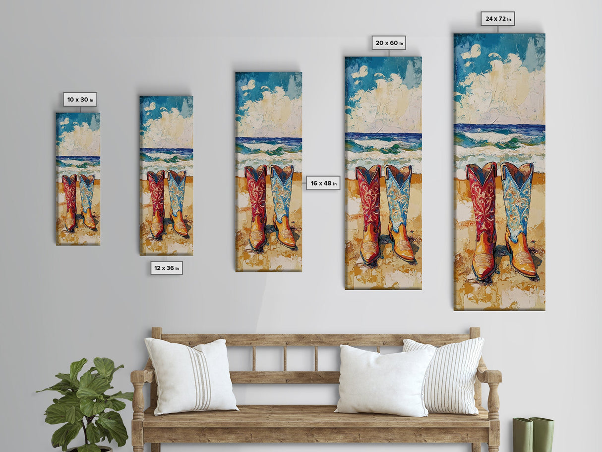 Coastal Cowgirl Boots Canvas Print, Vibrant Red and Blue Cowboy Boots on Beach with Ocean Waves, Coastal Wall Art, Nautical Decor, Gift Idea