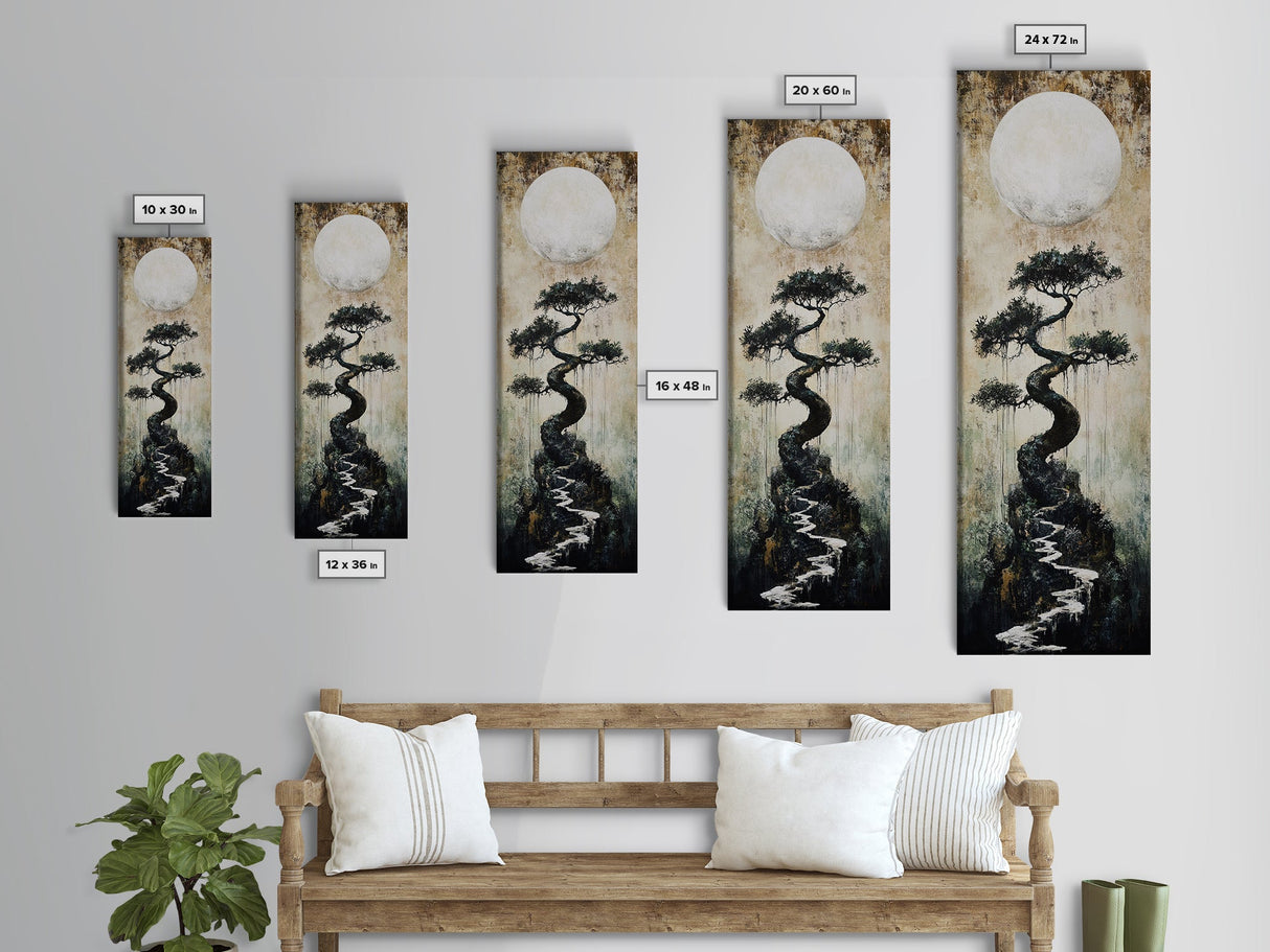 Mystical Moon and Bonsai Canvas Print Zen Wall Art Serene Wabi Sabi Decor Minimalist Nature Artwork Vertical Framed Artwork