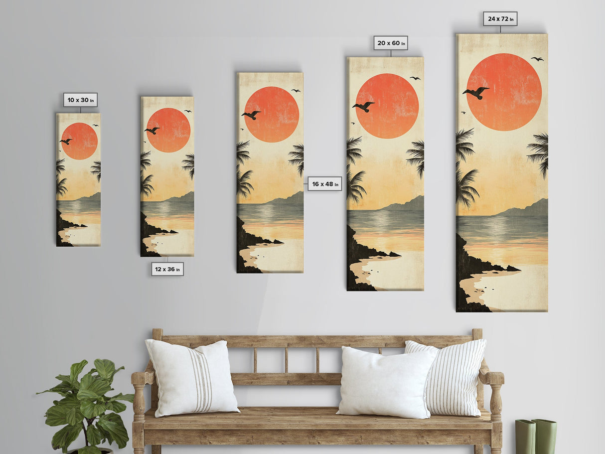 Seagulls At Sunset Beach Framed Canvas Print | Coastal Wall Art | Tropical Landscape Art | Nautical Painting | Living Room Decor