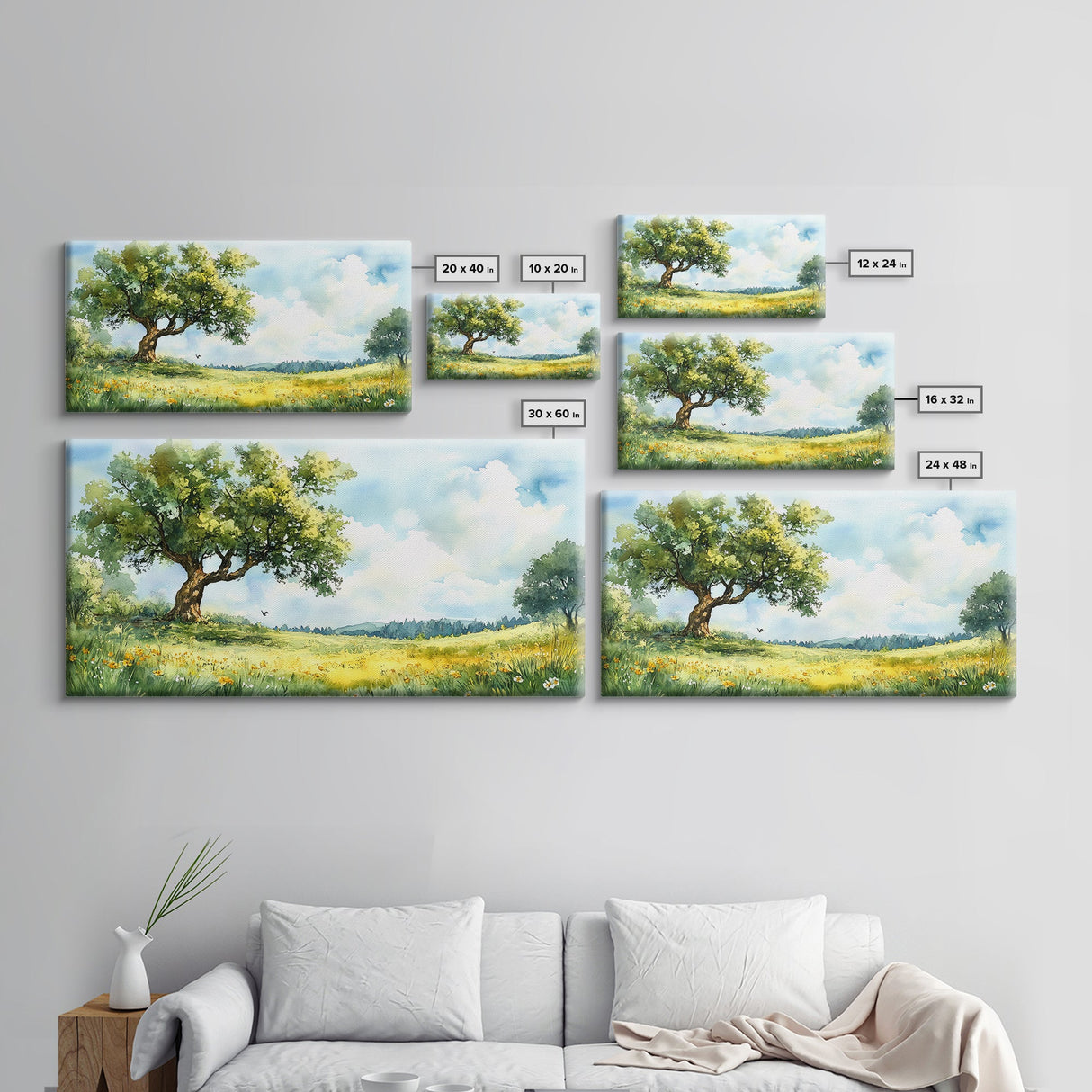 Sunny Meadow Elegance Canvas Print Featuring Oak Tree Art and Wildflower Painting Rustic Decor for Living Room Wall Art