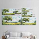 Sunny Meadow Elegance Canvas Print Featuring Oak Tree Art and Wildflower Painting Rustic Decor for Living Room Wall Art