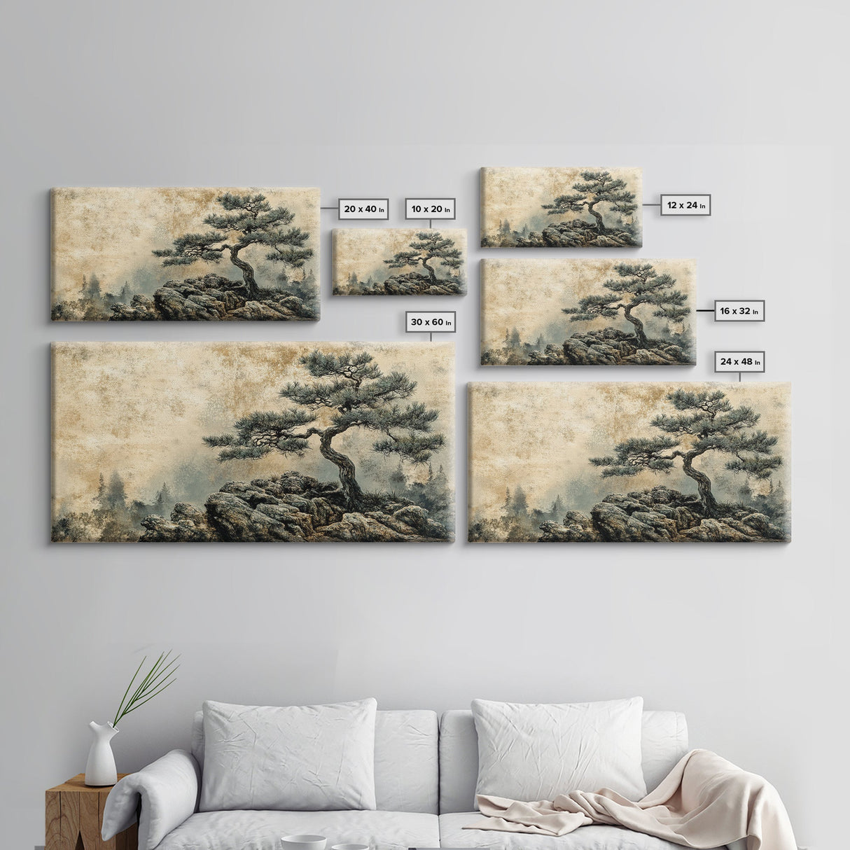 Pine Tree on Rocks Canvas Print Rustic Wall Art Wabi Sabi Minimalist Artwork Zen Art Bedroom Decor Horizontal Landscape Painting