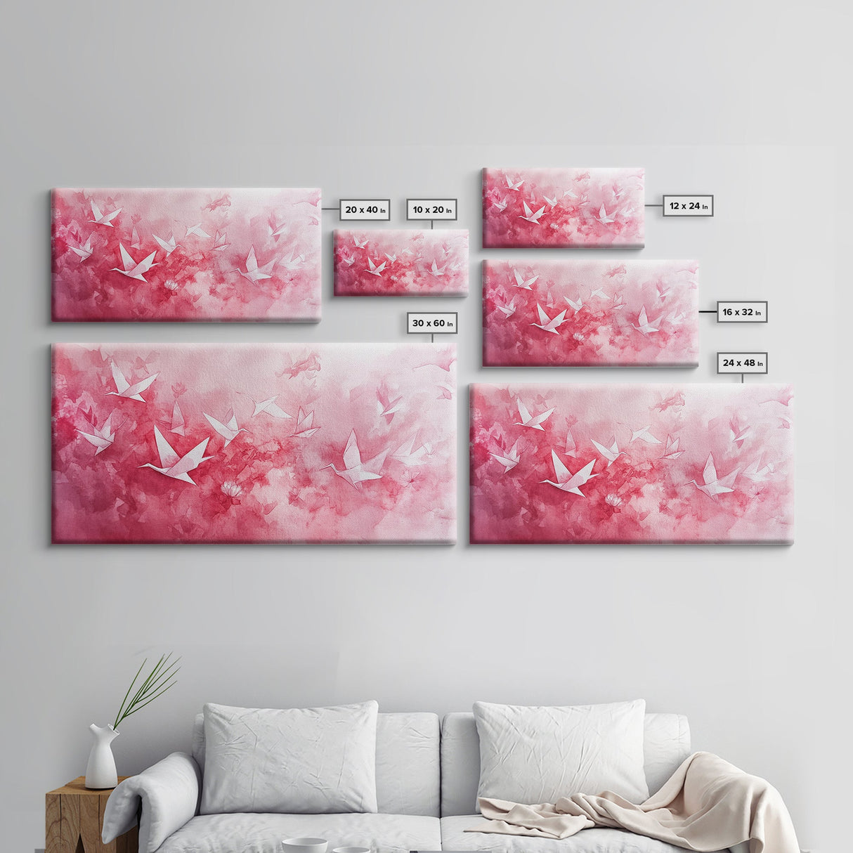 Origami Crane Flight Framed Canvas Print Featuring Pink Wall Art Whimsical Art Long Narrow Wall Art Minimalist Rustic Living Room Decor