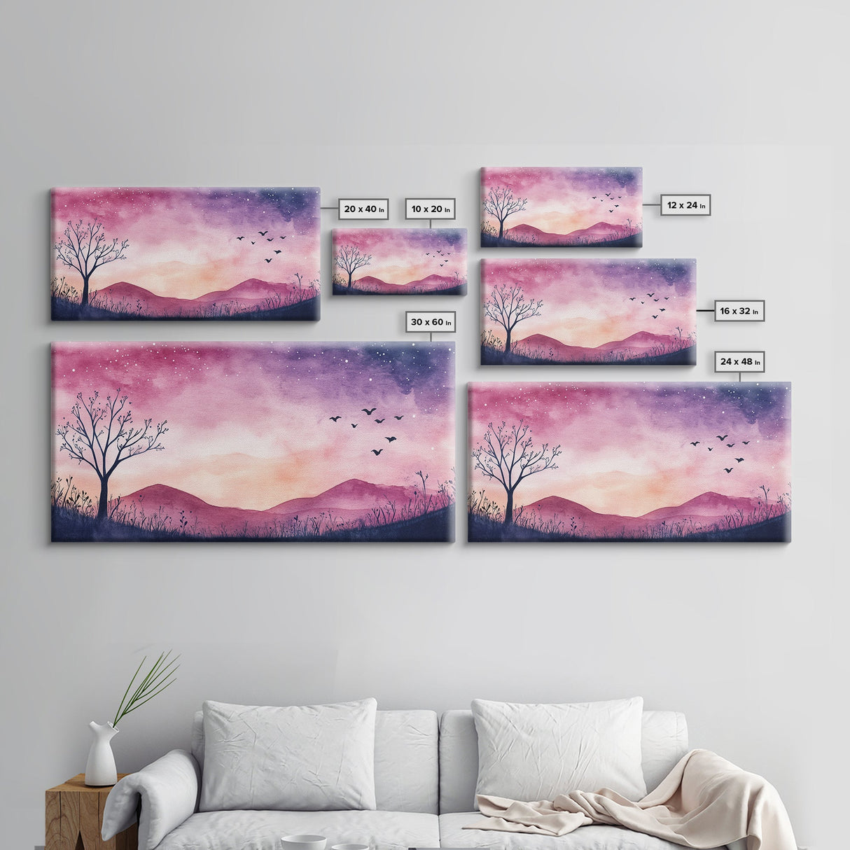 Twilight Meadow Framed Canvas Print, Whimsical Starry Night Art, Moody Nature Painting, Dreamy Purple Landscape, Wall Decor Gift Idea