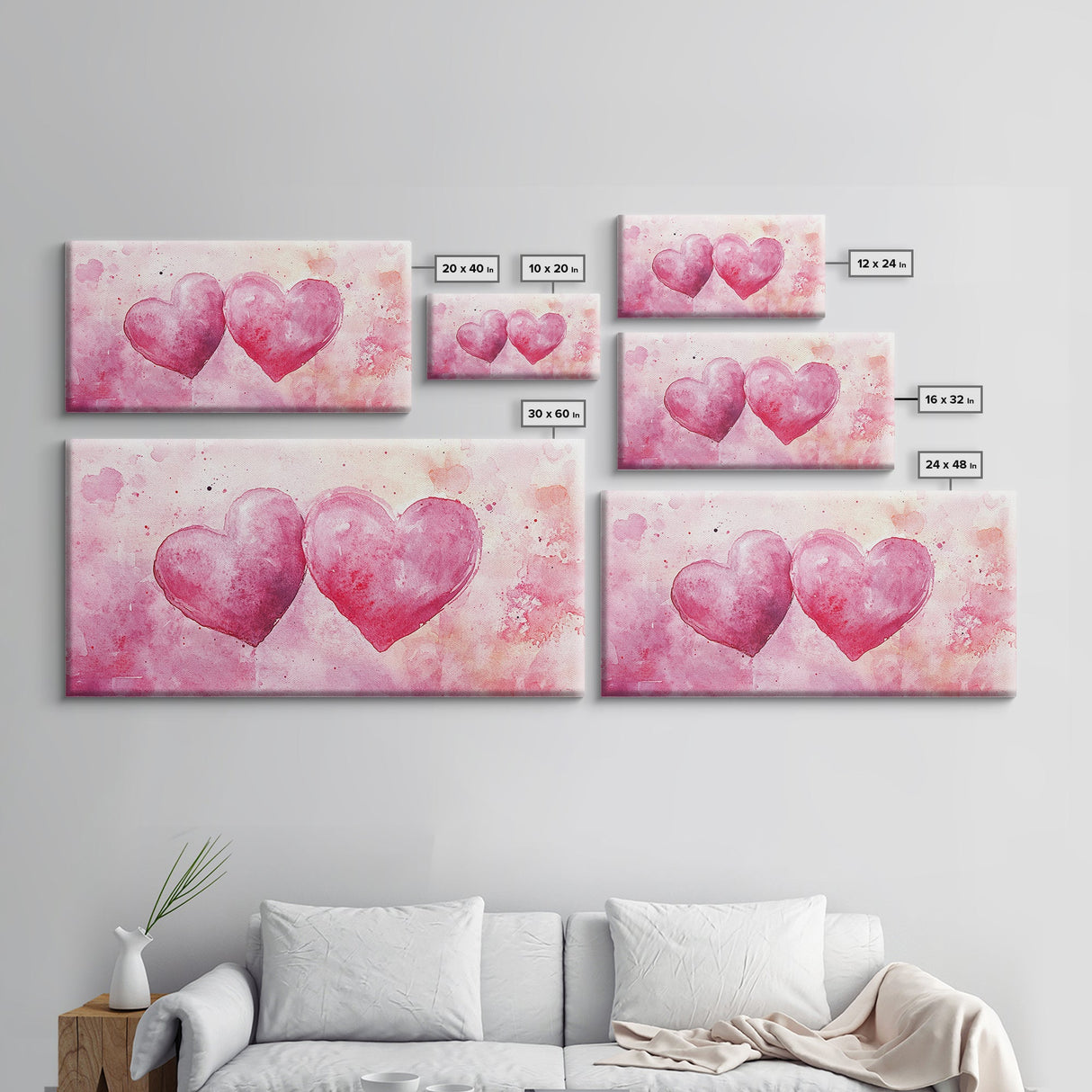 Watercolor Heart Pair Framed Canvas Print, Romantic Pink Abstract Art, Whimsical Valentine Wall Art, Bedroom Gift Idea, Light Pink Decor