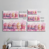 Cupcake Row Canvas Print | Whimsical Sweet Treats Wall Art | Kitchen Dessert Artwork | Pastel Food Lover's Decor | Light Pink Whimsical Art