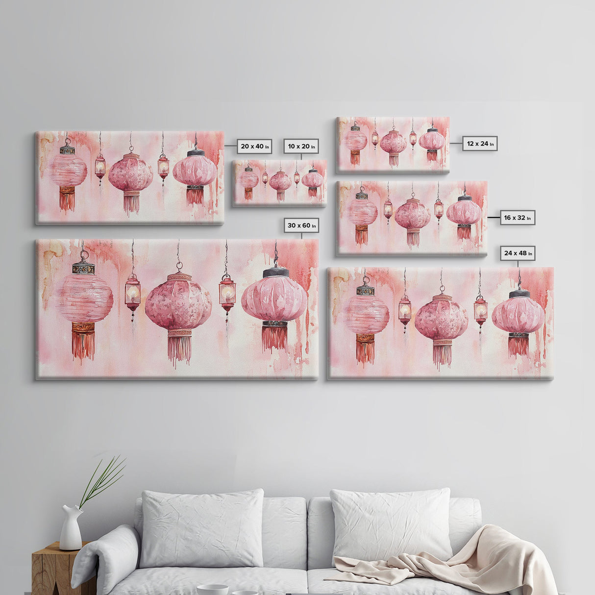 Pink Lanterns Canvas Print Chinoiserie Wall Art Moroccan Wall Art Whimsical Art Living Room Art Rustic Decor Fall Gift Idea