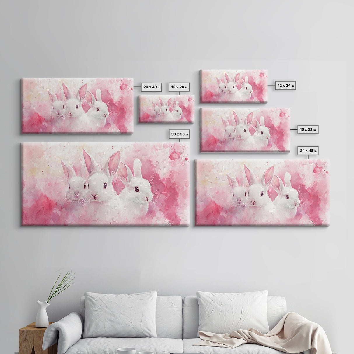 Three Bunnies Canvas Print, Adorable Pink Abstract Art Featuring Rabbits, Whimsical Nursery Wall Decor or Easter Themed Art