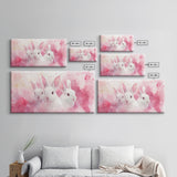 Three Bunnies Canvas Print, Adorable Pink Abstract Art Featuring Rabbits, Whimsical Nursery Wall Decor or Easter Themed Art