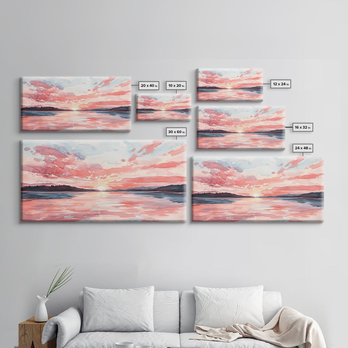 Serene Pink Sunset Canvas Print | Coastal Landscape Art | Nautical Wall Decor | Bedroom Above Bed Art | Horizontal Panoramic Artwork