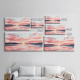 Serene Pink Sunset Canvas Print | Coastal Landscape Art | Nautical Wall Decor | Bedroom Above Bed Art | Horizontal Panoramic Artwork