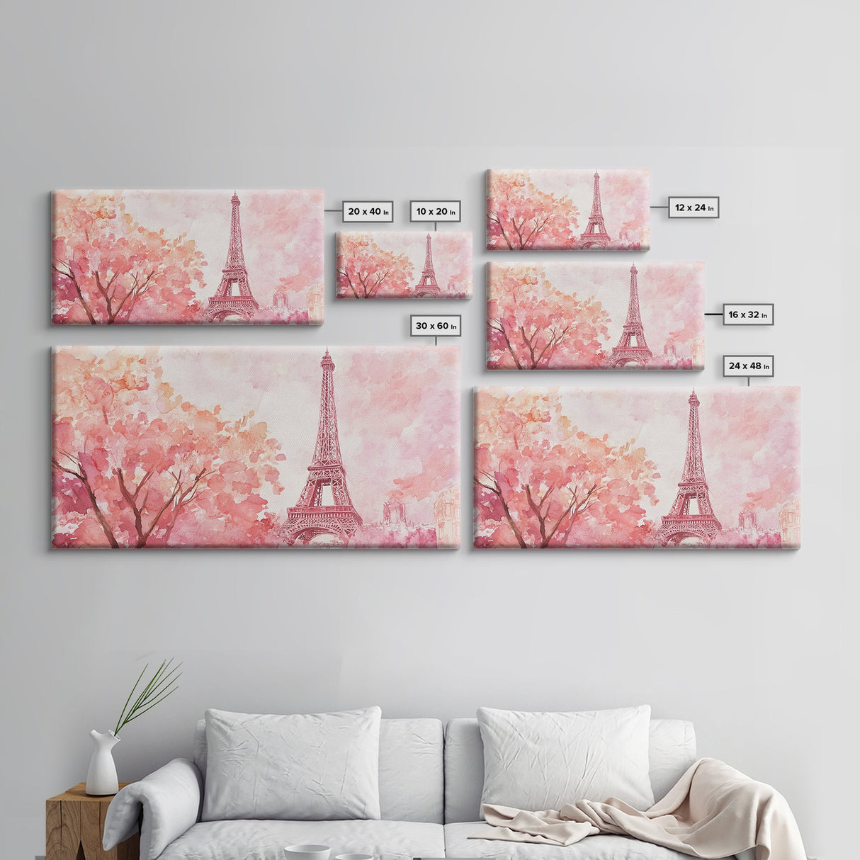 Eiffel Tower Cherry Blossom Canvas Print - Light Pink Wall Art Paris Landscape Romantic Living Room Art Bedroom Rustic Decor